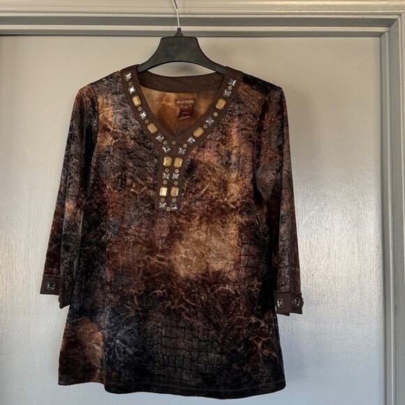 Multiples Brown Velvet V-Neck Sequin Metal Embellished Women's Pullover Top sz M - Picture 1 of 5